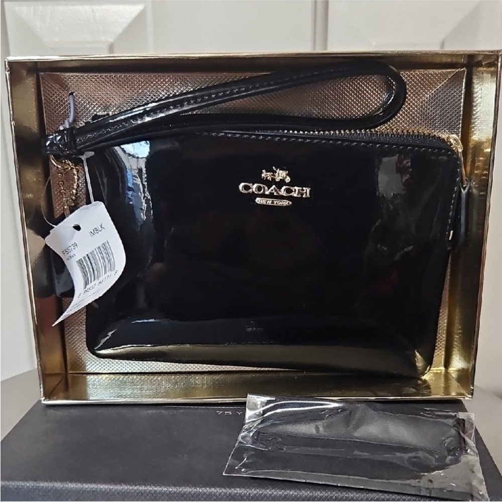 Coach Black Patent Leather Wristlet with Gold Hardware